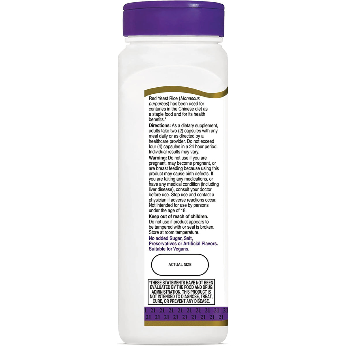CNT139 | Back label of white supplement bottle showing directions, warnings, ingredient notes, and actual size indicator