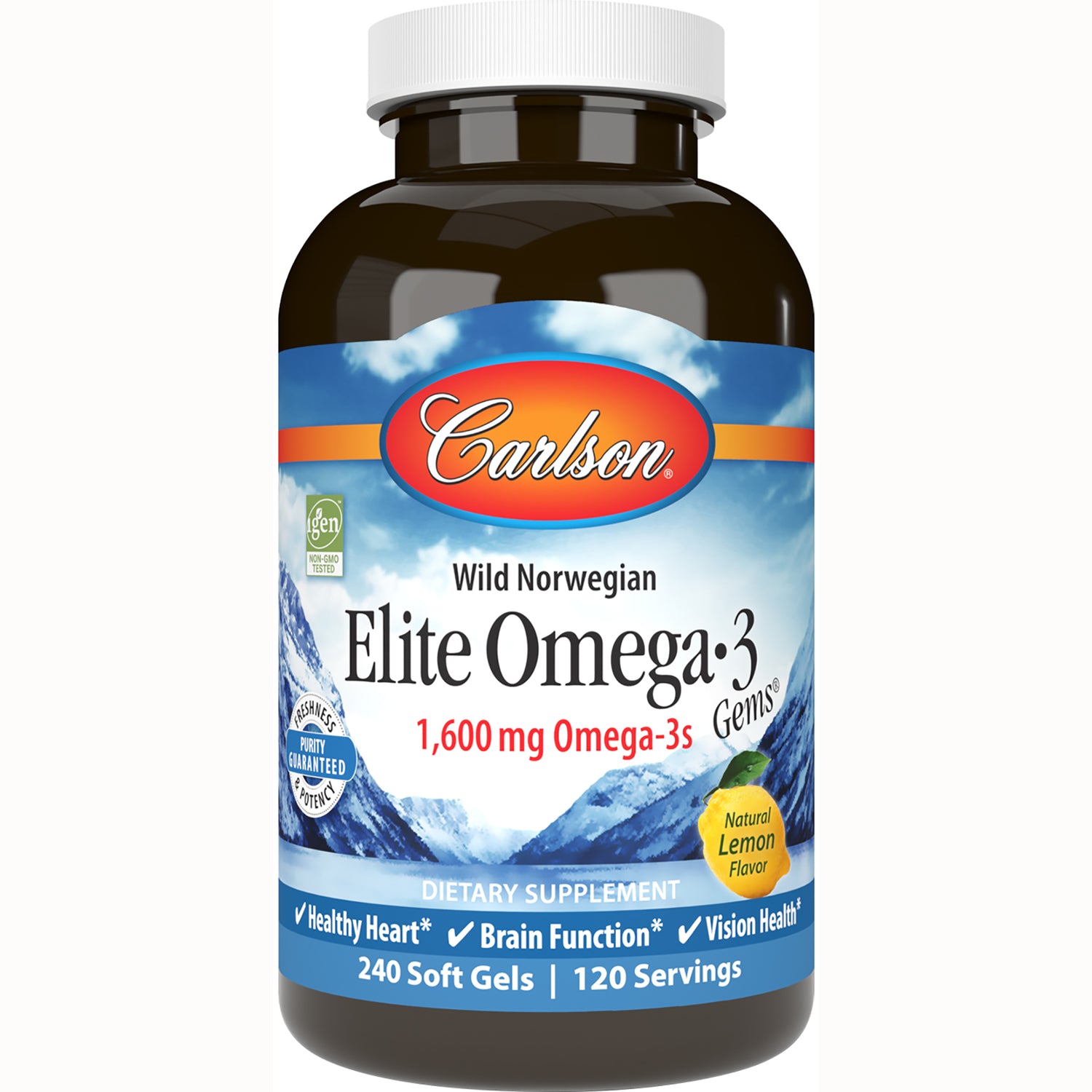 CSN222 | Front bottle view of Carlson Elite Omega-3 dietary supplement label reading 1,600 mg Omega-3s Natural Lemon Flavor 240 soft gels