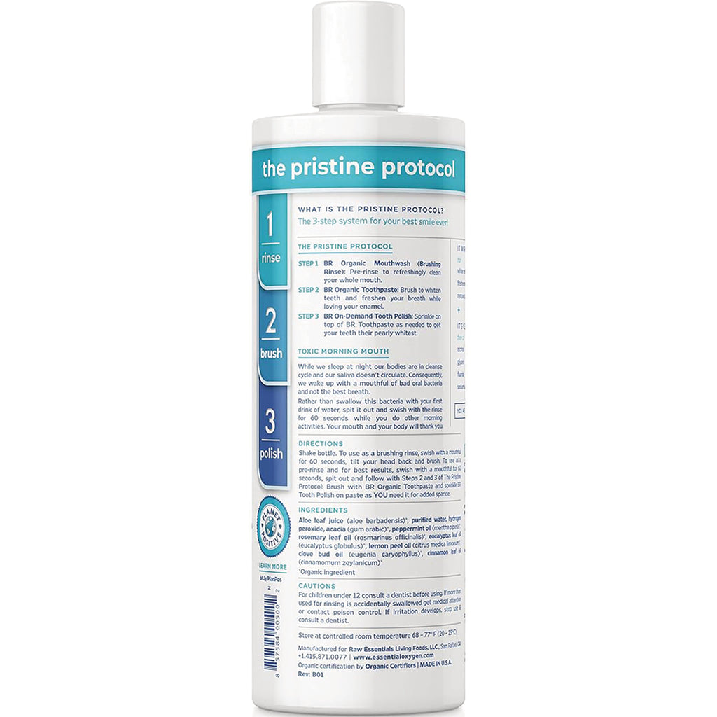EOX006 | Back label of white bottle reading the pristine protocol with 1 rinse 2 brush 3 polish steps, directions and ingredients - Thumbnail