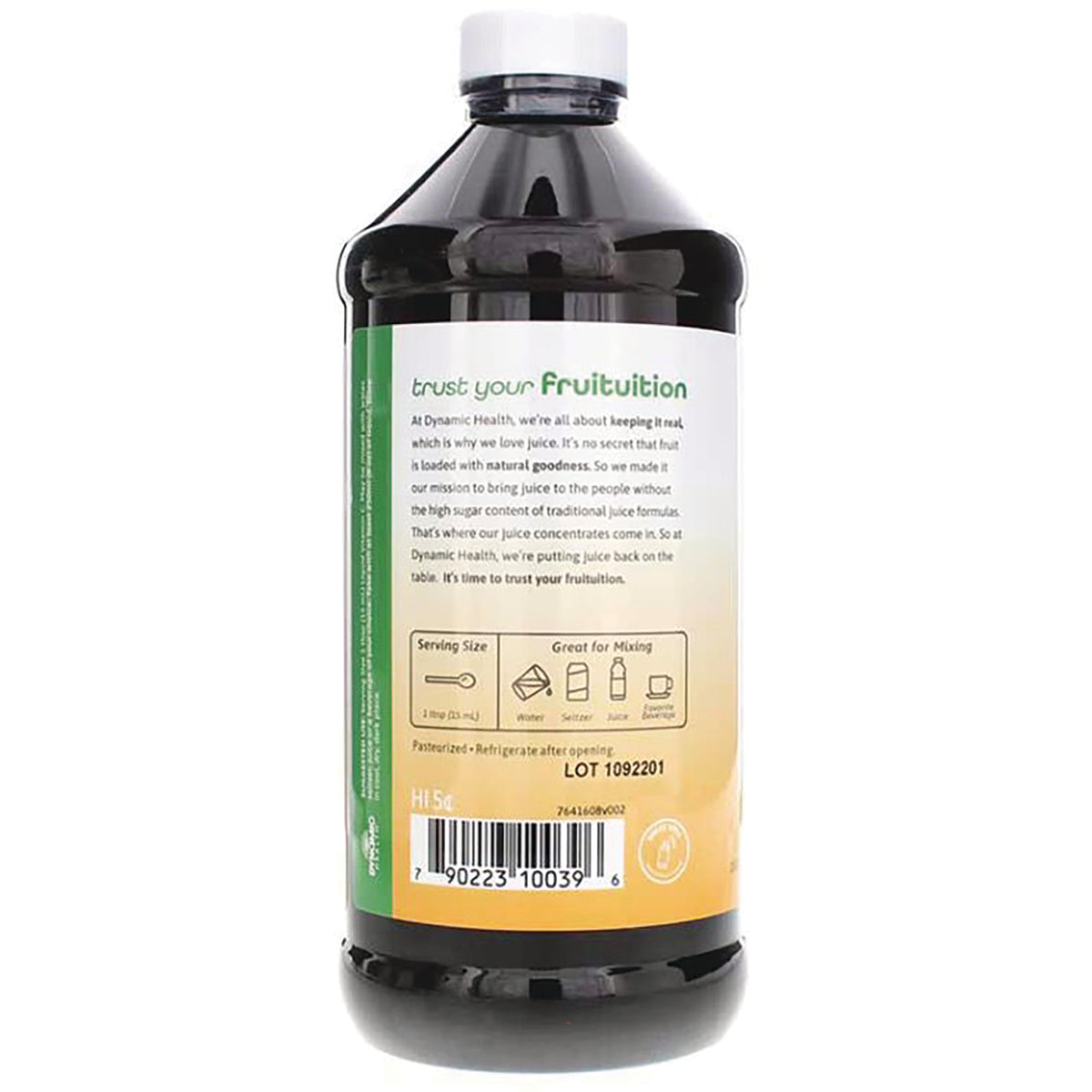DYH050 | Back label of dark plastic bottle showing trust your fruituition text, serving icons, lot number and barcode