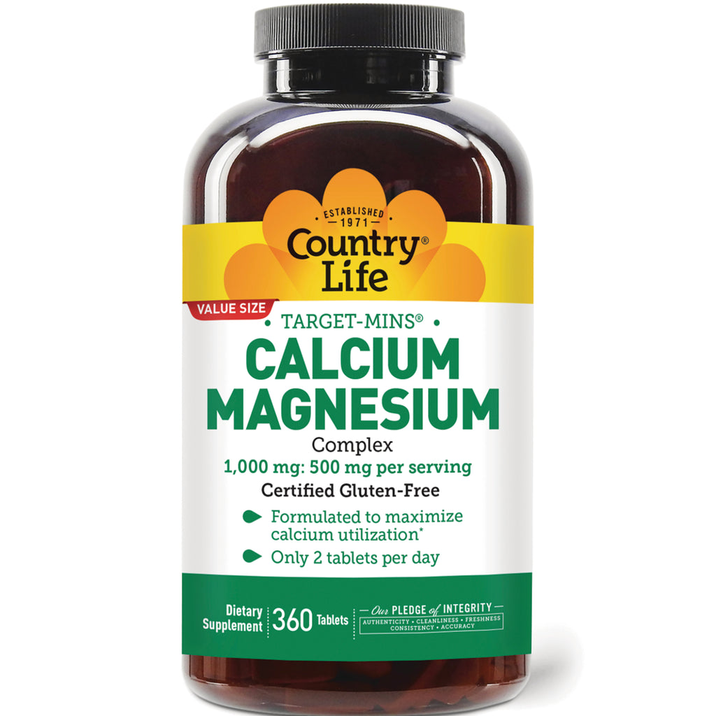 CRL380 | Country Life Calcium Magnesium complex supplement bottle, value size, white label with green text, 360 tablets - Thumbnail