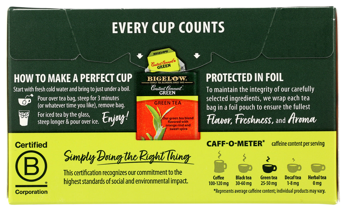BGT011 | Back of Bigelow green tea box with brewing instructions, Every Cup Counts header, certification badge and caff-o-meter