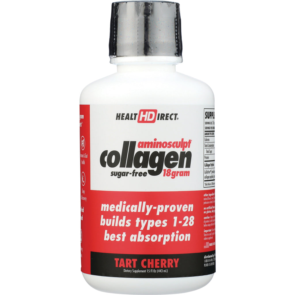 HD006 | front view of HealthDirect aminosculpt collagen tart cherry dietary supplement bottle labeled sugar-free 18 gram - Thumbnail