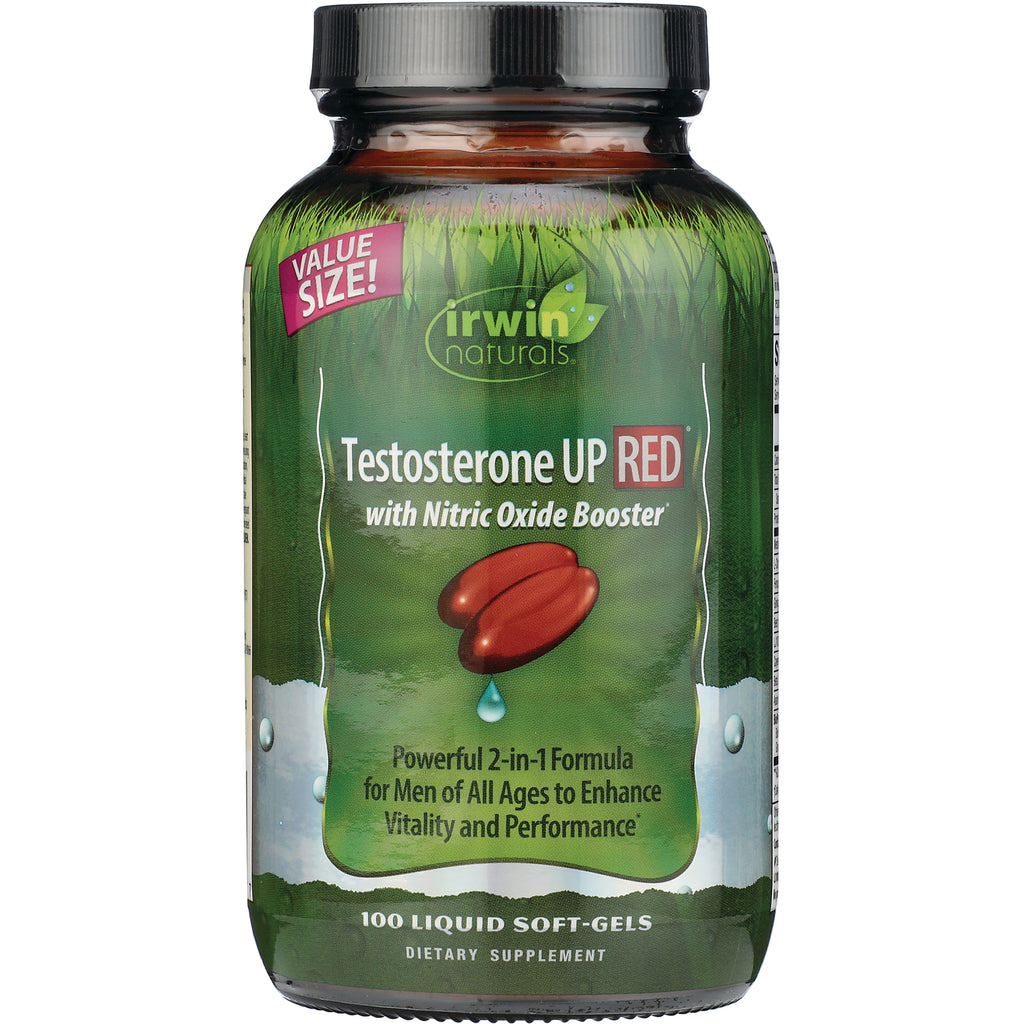 IR265 | Irwin Naturals Testosterone UP RED bottle front, label shows Testosterone UP RED with Nitric Oxide Booster, 100 liquid soft-gels - Thumbnail