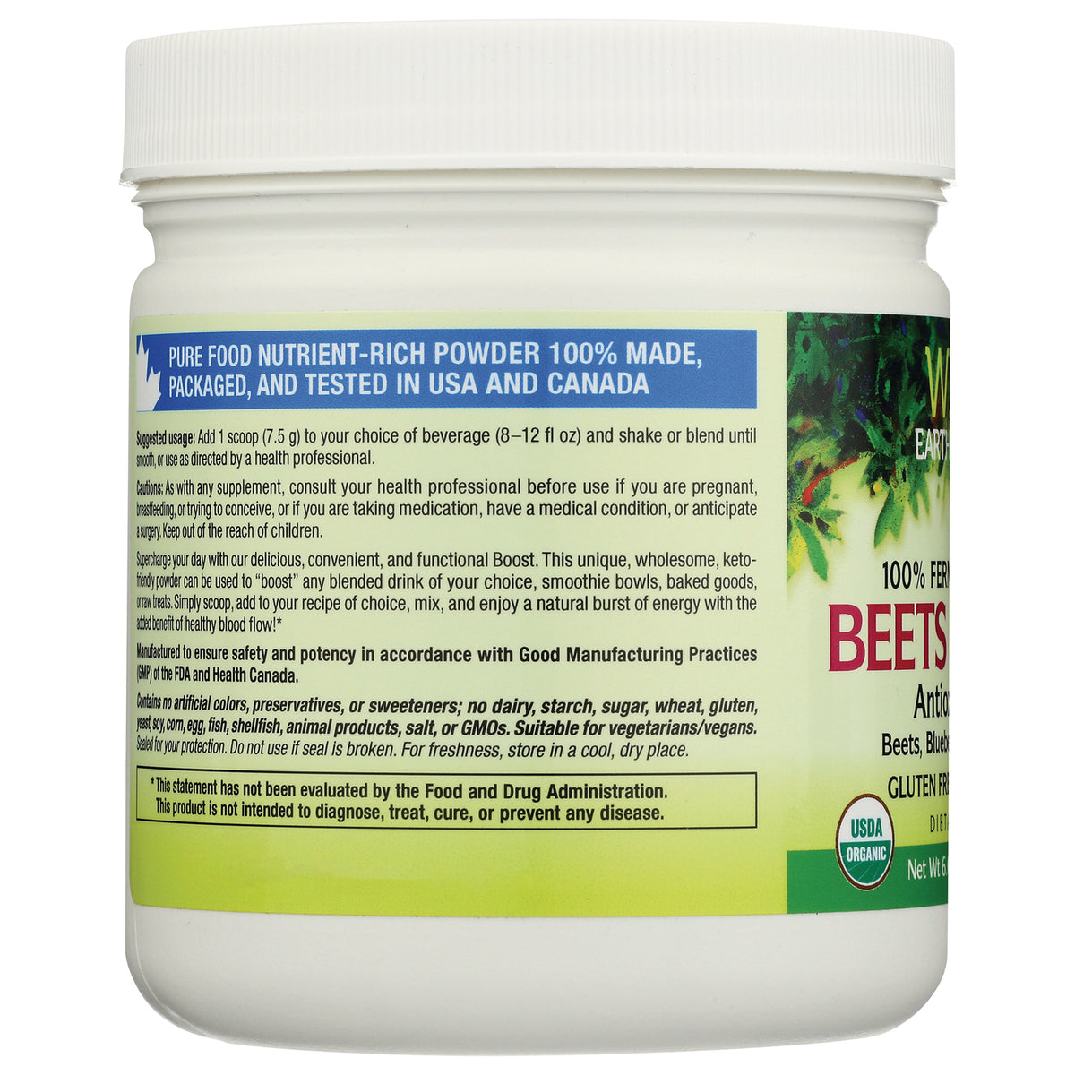 NFC196 | Back label of white jar showing usage, ingredients text and USDA Organic badge