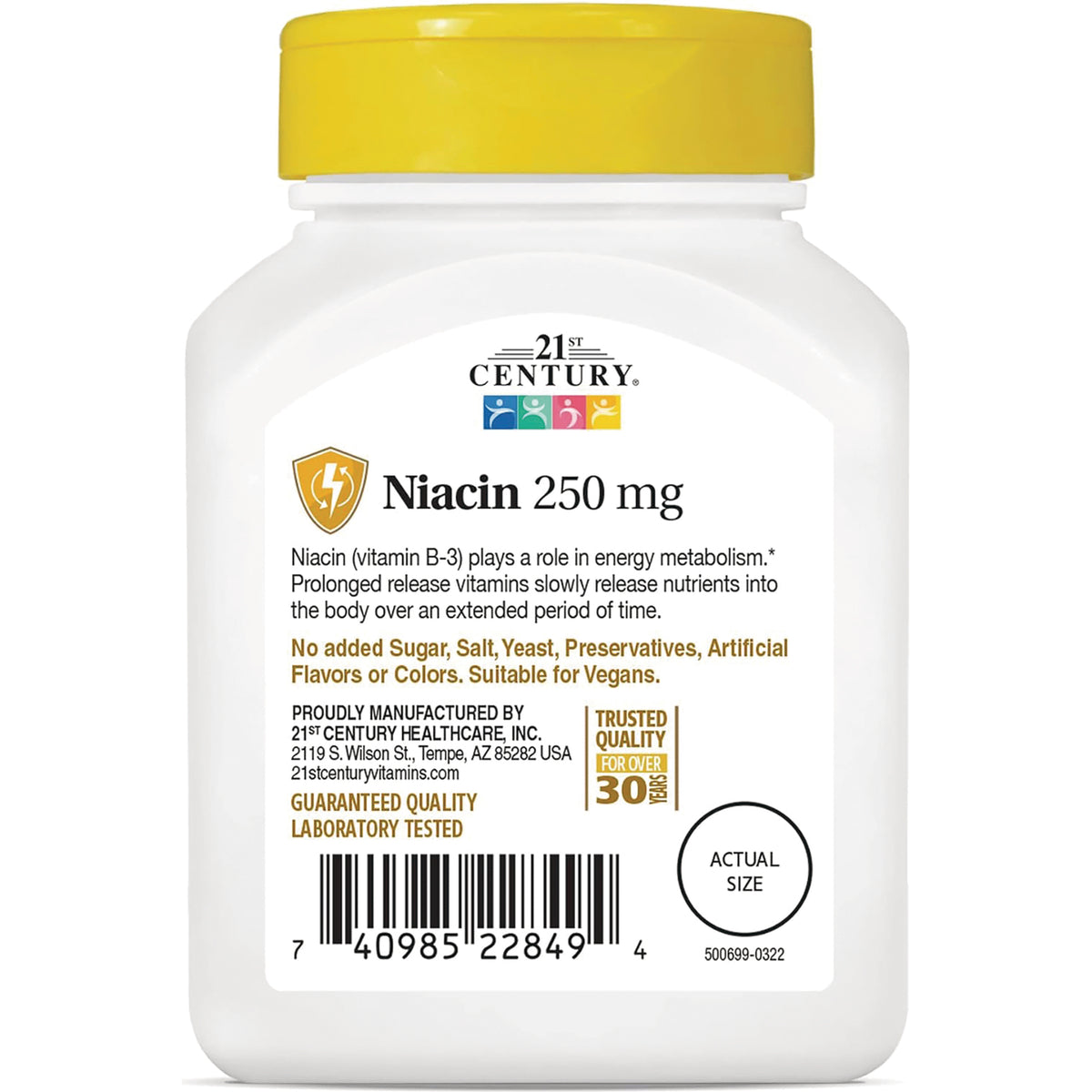 CNT108 | Product infographic label for Niacin 250 mg supplement showing benefits, vegan claim, barcode and actual size marker