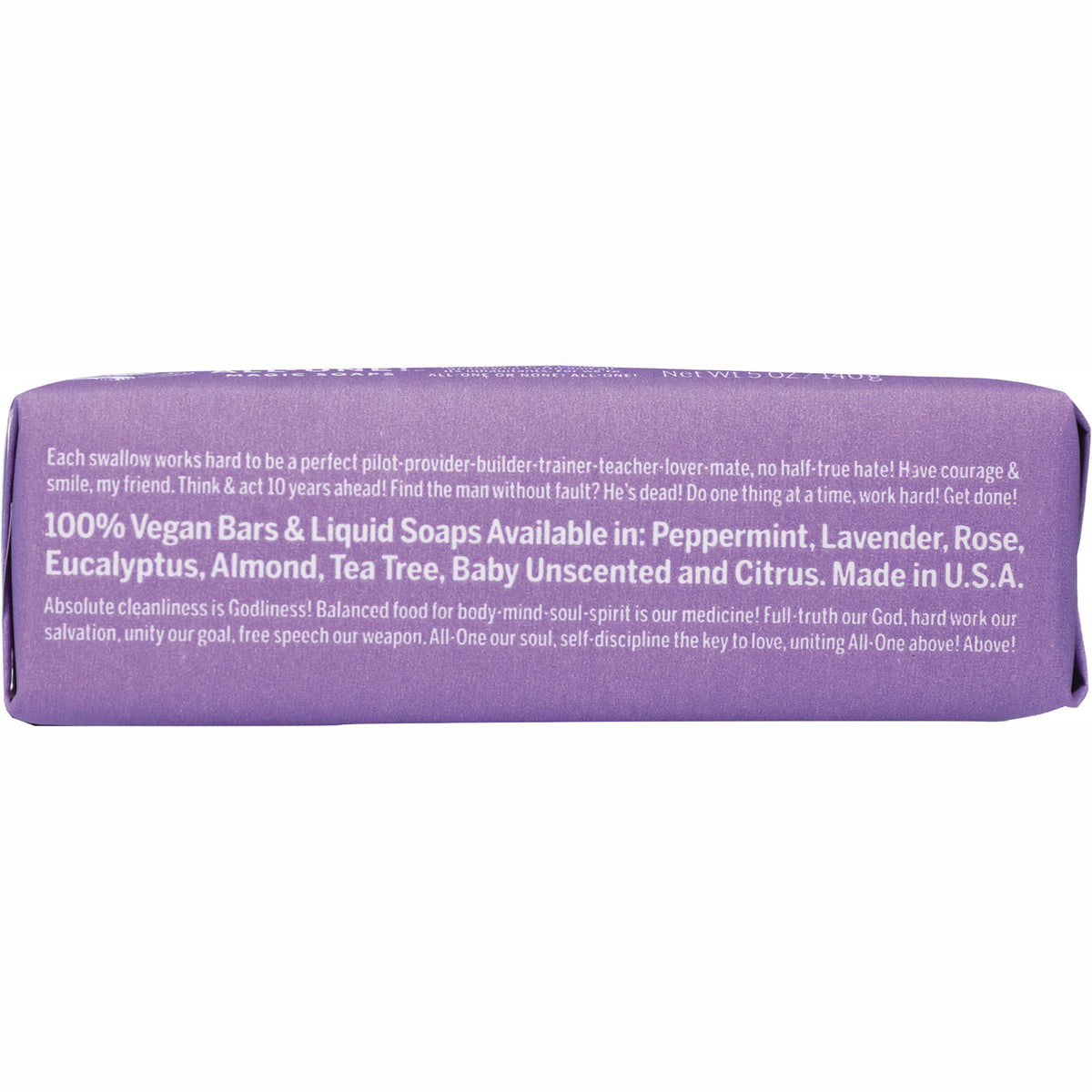 DRB003 | Back of purple soap wrapper showing text listing 100% vegan bars and available scents