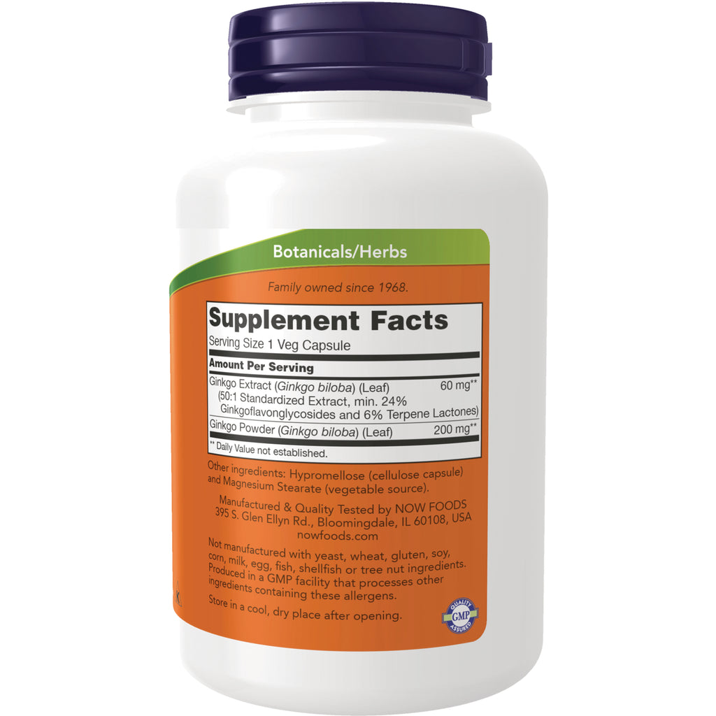 NWF607 | Back of white supplement bottle showing Supplement Facts panel and ingredient information for ginkgo extract - Thumbnail