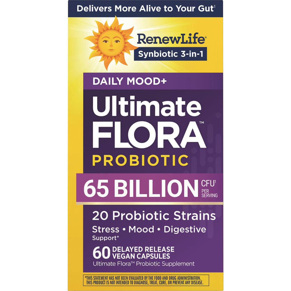 RNL255 | RenewLife Ultimate Flora probiotic box labeled 65 BILLION CFU, 20 probiotic strains, 60 delayed-release vegan capsules