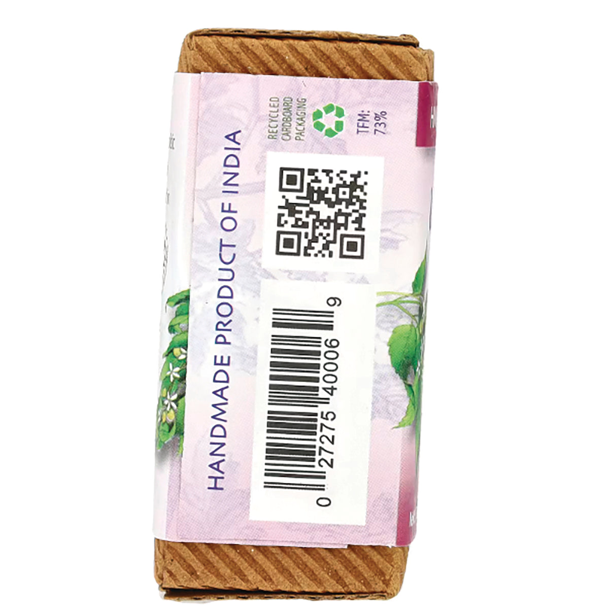 AUR004 | side panel infographic with barcode, QR code, recycled packaging icon and text HANDMADE PRODUCT OF INDIA