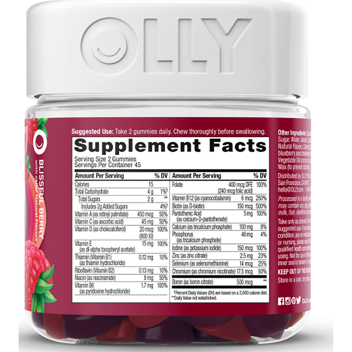 OLY003 | back label with Supplement Facts panel and ingredient text on berry gummy bottle