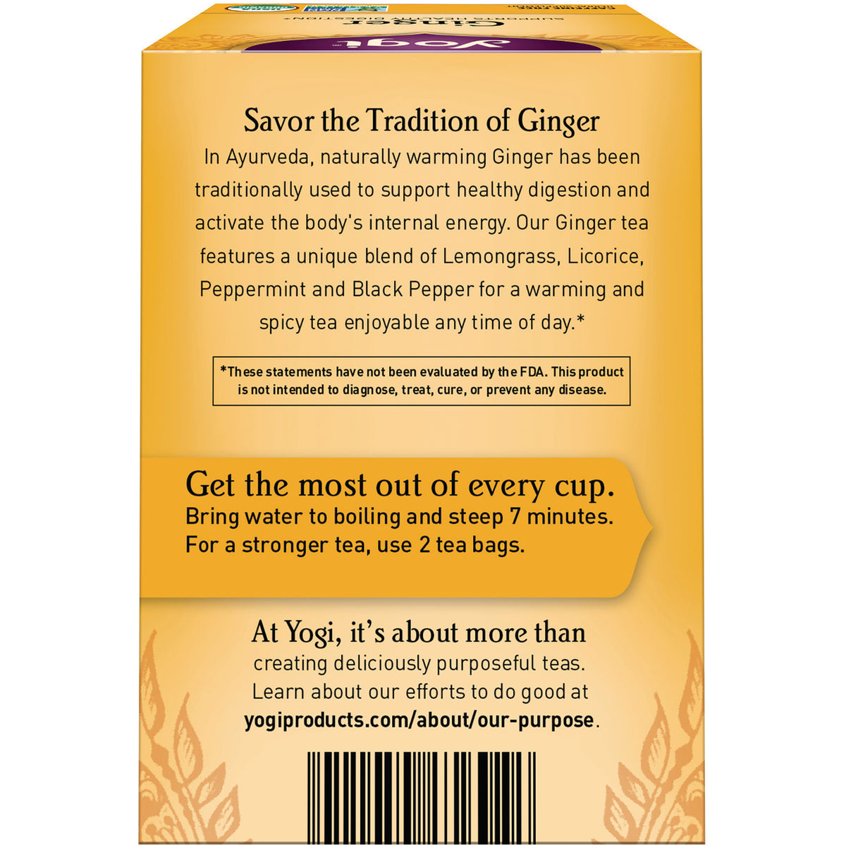 AHW007 | Back panel with Savor the Tradition of Ginger and brewing directions: steep 7 minutes, use 2 bags