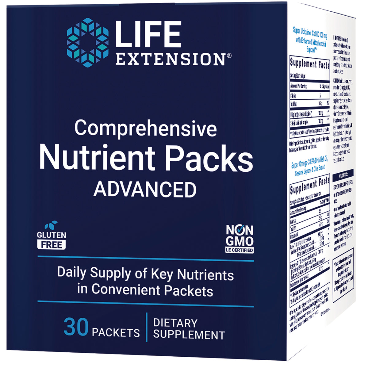LE495 | Life Extension Comprehensive Nutrient Packs ADVANCED box front showing brand, 30 packets, gluten free and Non GMO labels