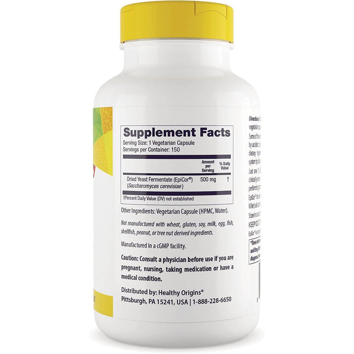 Back of white supplement bottle with Supplement Facts panel showing Dried Yeast Fermentate (EpiCor) 500 mg and caution text