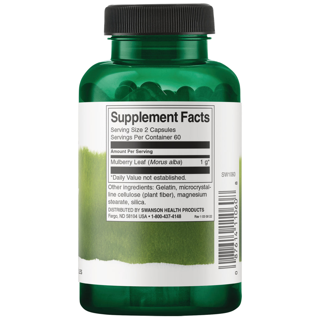 SW1060 | Supplement Facts panel for mulberry leaf capsules, serving size 2, 1 g per serving - Thumbnail