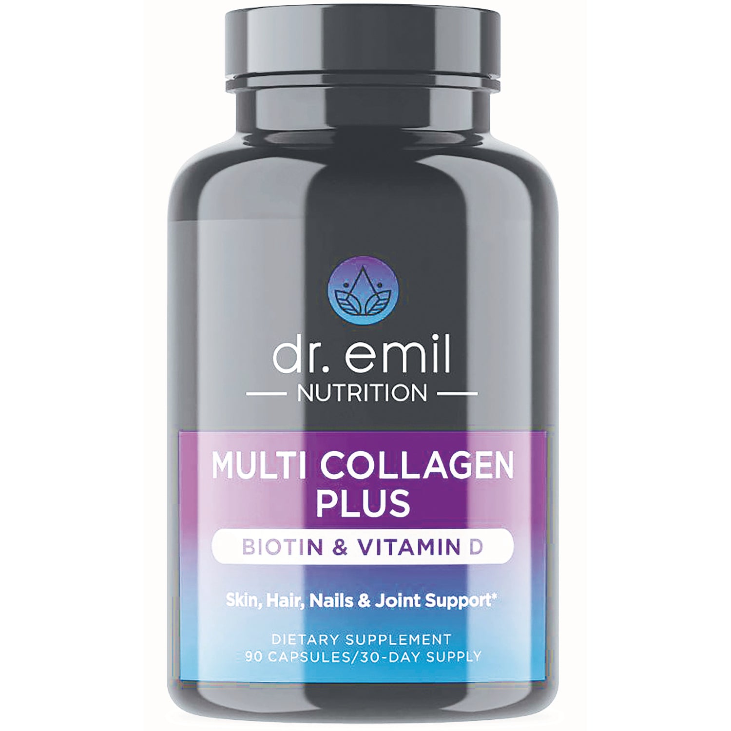 DRE002 | dr. emil Nutrition Multi Collagen Plus bottle labeled BIOTIN & VITAMIN D, 90 capsules