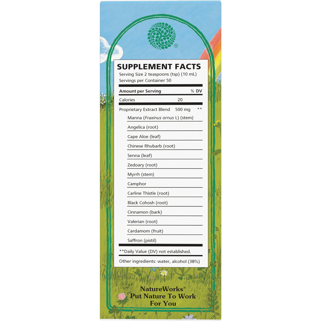NR003 | Supplement Facts panel showing serving size 2 teaspoons, 500 mg proprietary extract blend ingredient list and other ingredients water, alcohol 38% - Thumbnail