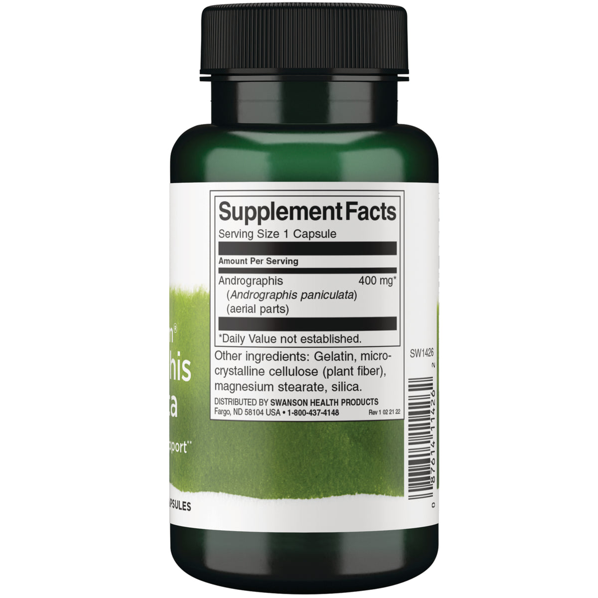 SW1426 | Back label supplement facts for Andrographis 400 mg, serving size 1 capsule