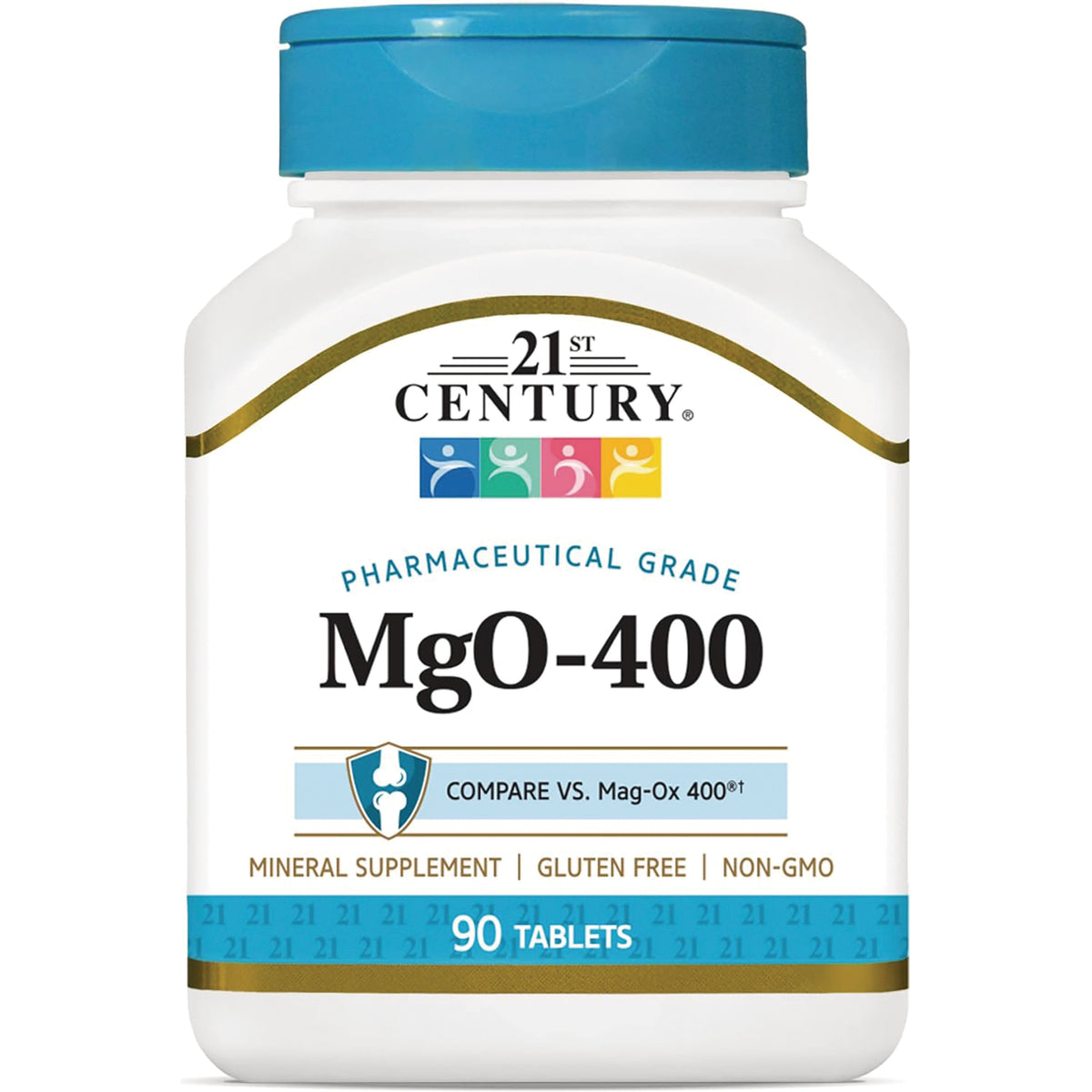 CNT105 | Front view of 21st Century MgO-400 mineral supplement bottle labeled 90 tablets, pharmaceutical grade, gluten free, non-GMO