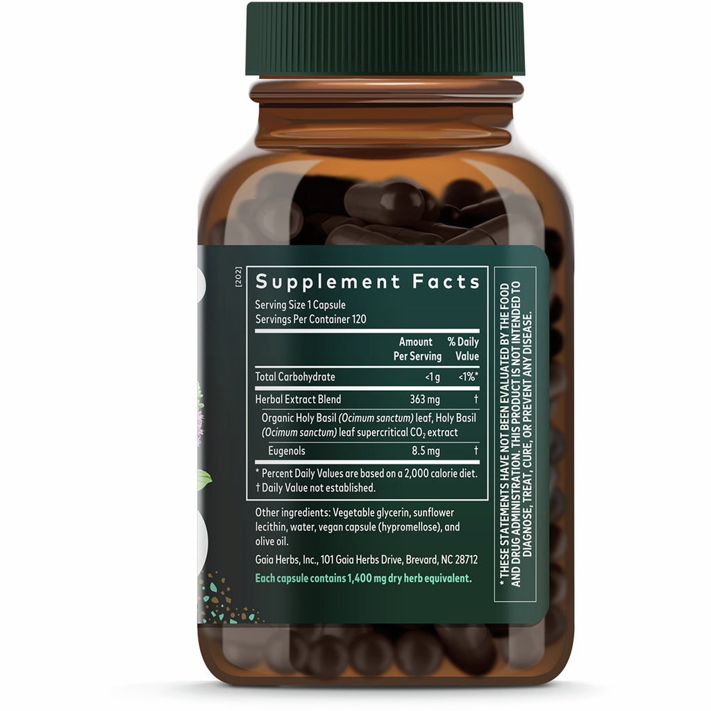 Back of brown supplement bottle showing Supplement Facts panel, ingredient list and Gaia Herbs branding - Thumbnail