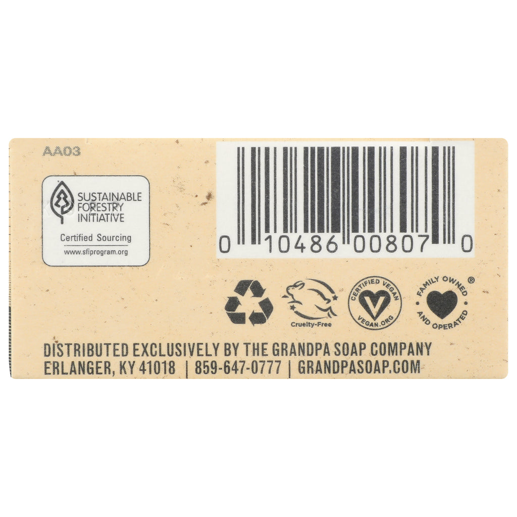 GP028 | product back label with barcode, recycling, cruelty-free and vegan icons and distributor text Grandpa Soap Company - Thumbnail