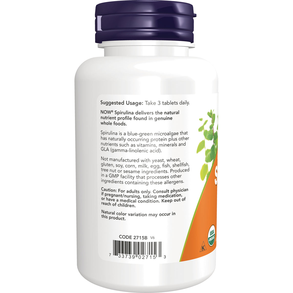 NWF1328 | Back label of white supplement bottle showing suggested usage, caution text, ingredients and barcode