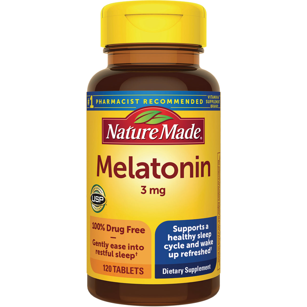 NTM142 | Nature Made Melatonin 3 mg supplement bottle, 120 tablets, yellow label