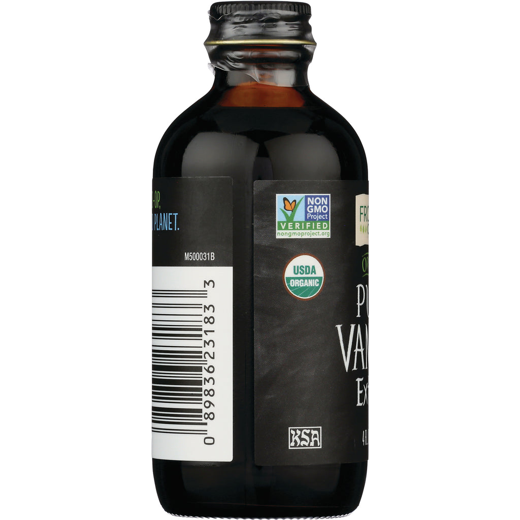FNP049 | Amber glass bottle back showing barcode, Non GMO Project Verified and USDA Organic seals and partial vanilla extract label - Thumbnail