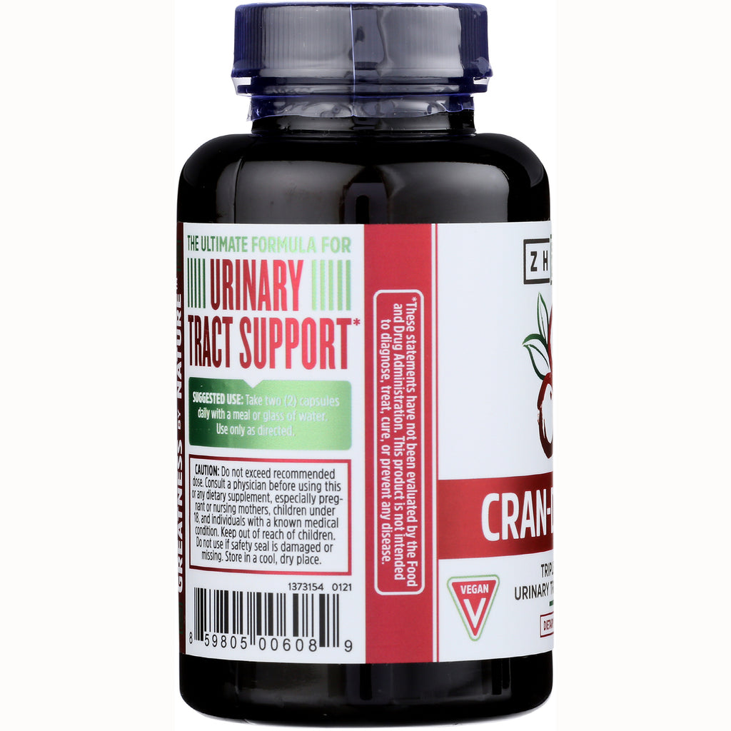ZOU012 | Urinary tract support supplement bottle, side label with directions, caution, barcode, and vegan badge - Thumbnail