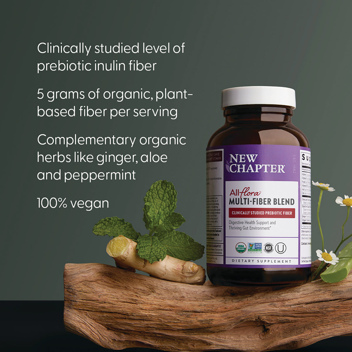NWC399 | New Chapter All-Flora Multi-Fiber Blend bottle with herbs and benefit text