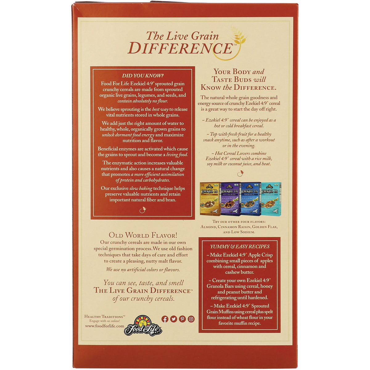 FFL004 | back panel product infographic for Ezekiel cereal showing benefits, ingredients, small product images and recipes