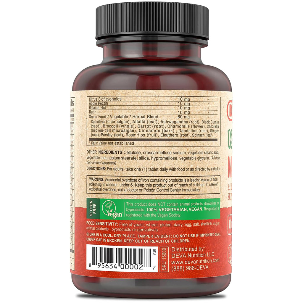 DEV001 | Back label of supplement bottle showing ingredients, directions, vegan and gluten-free badges, barcode - Thumbnail