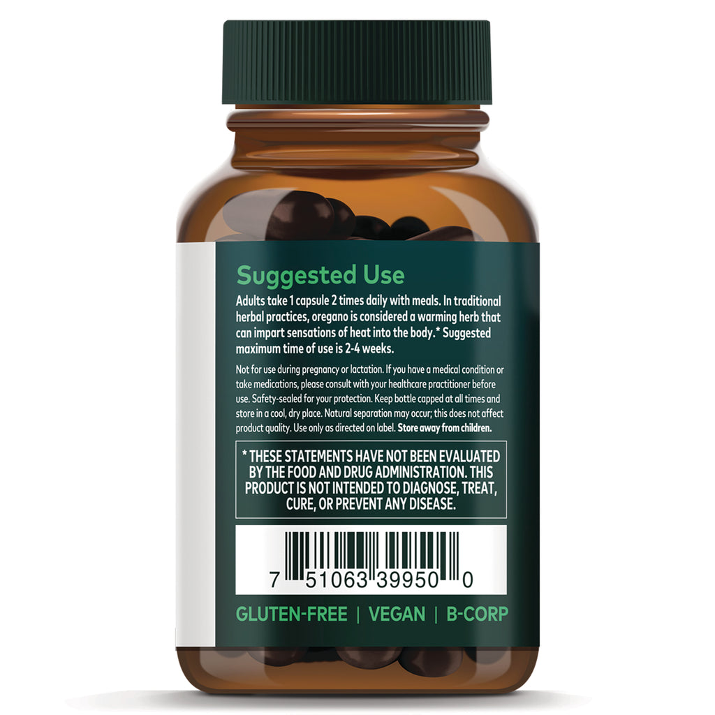 GH016 | back label of amber supplement bottle showing suggested use text, barcode, and gluten-free vegan B-Corp badges - Thumbnail