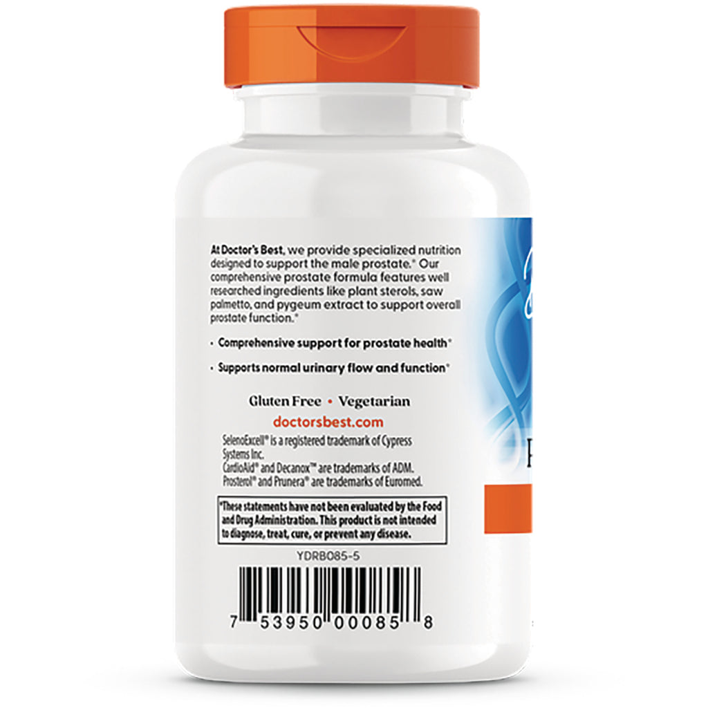 Back label of Doctor's Best Comprehensive Prostate Formula bottle showing ingredients, FDA disclaimer, and barcode - Thumbnail