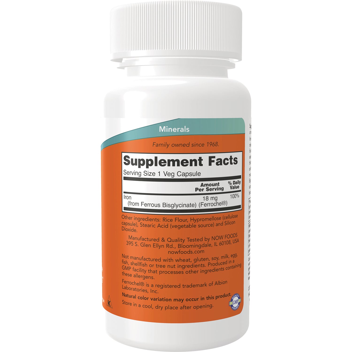 NWF758 | Back label showing Supplement Facts panel, ingredients and manufacturer info on orange minerals bottle