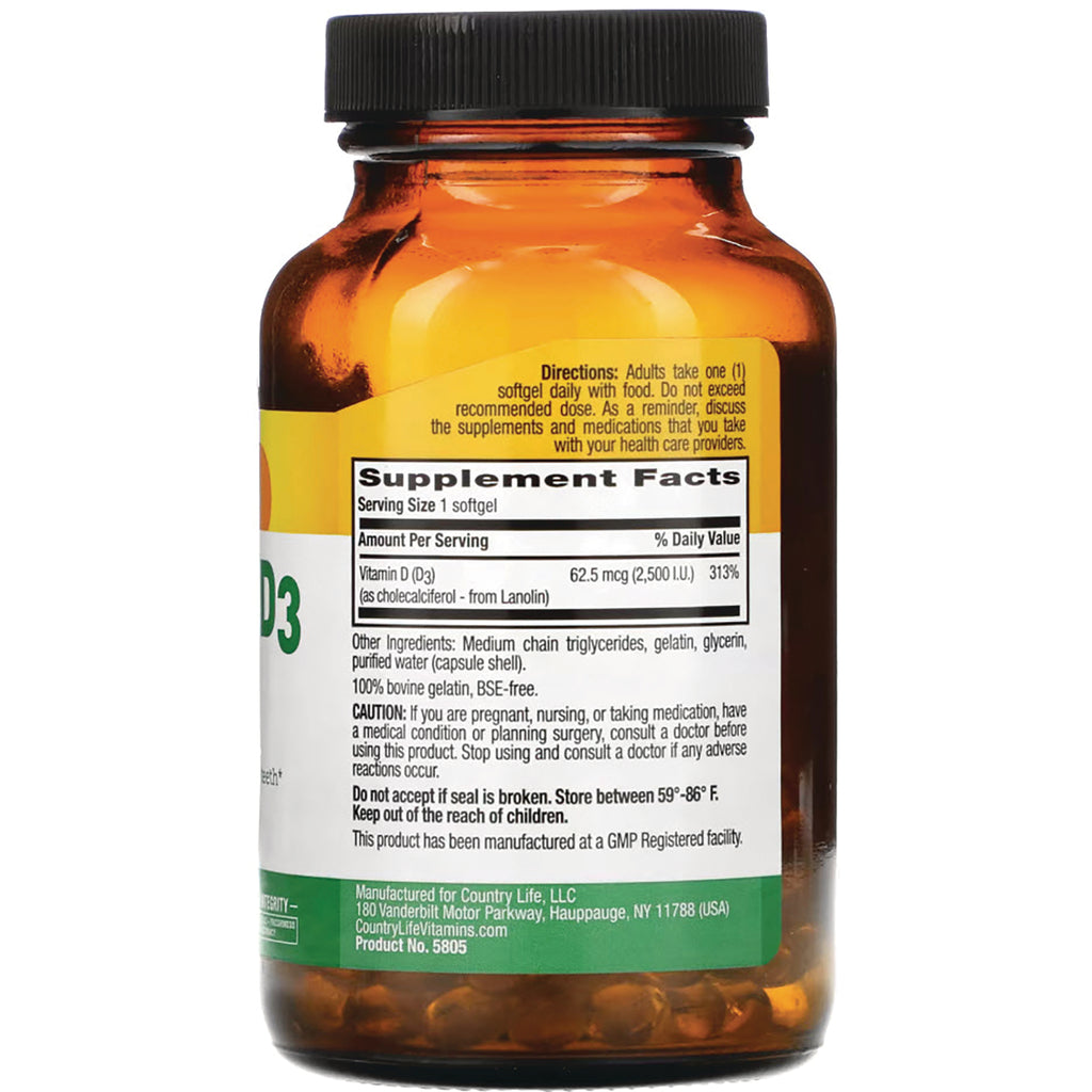 CRL364 | amber supplement bottle back displaying Supplement Facts panel, directions, and vitamin D3 softgels - Thumbnail