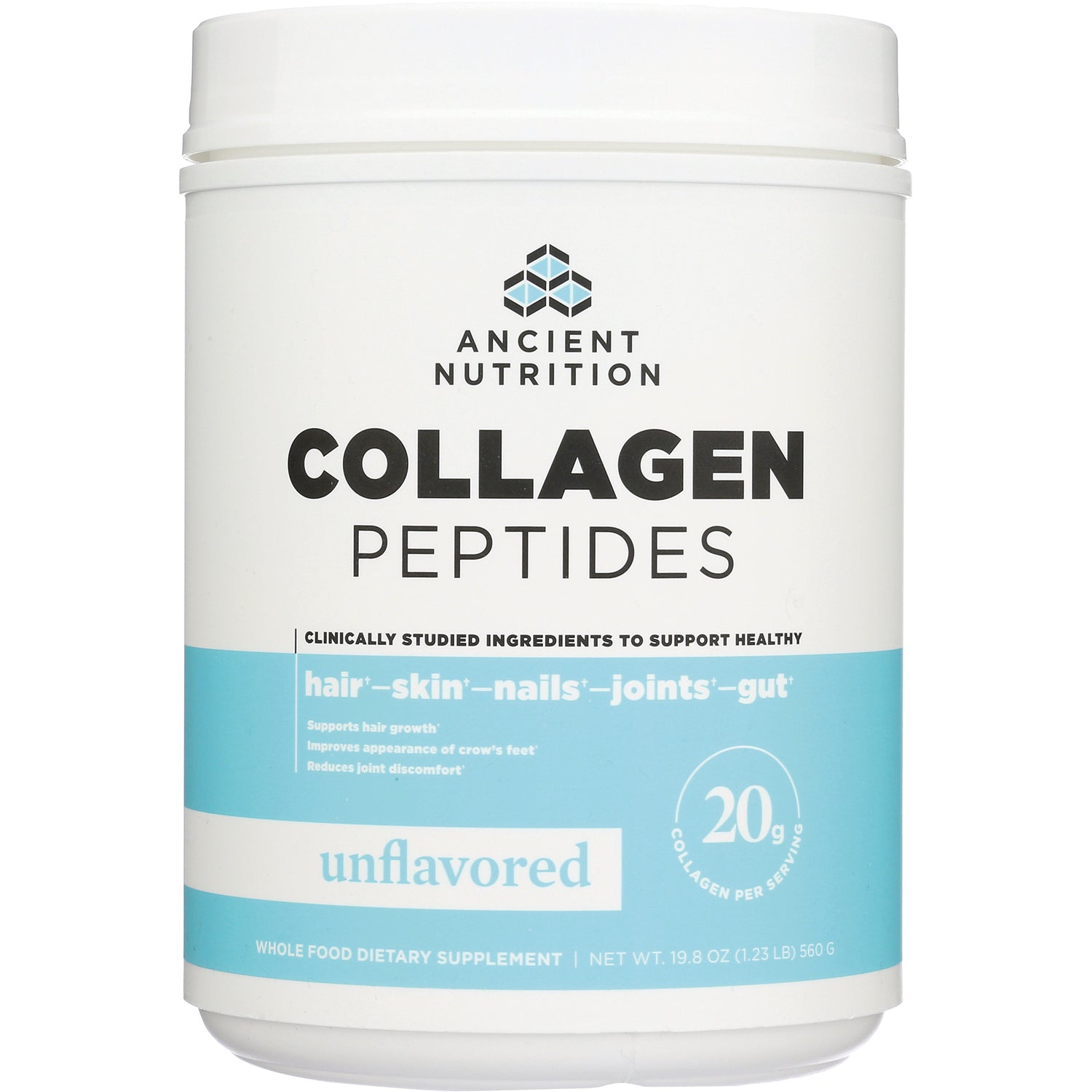 ATN103 | Ancient Nutrition Collagen Peptides unflavored tub, blue label, 20g per serving