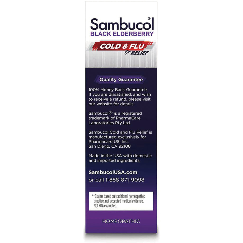 Sambucol BLACK ELDERBERRY cold and flu relief product infographic panel showing Quality Guarantee and contact information - Thumbnail