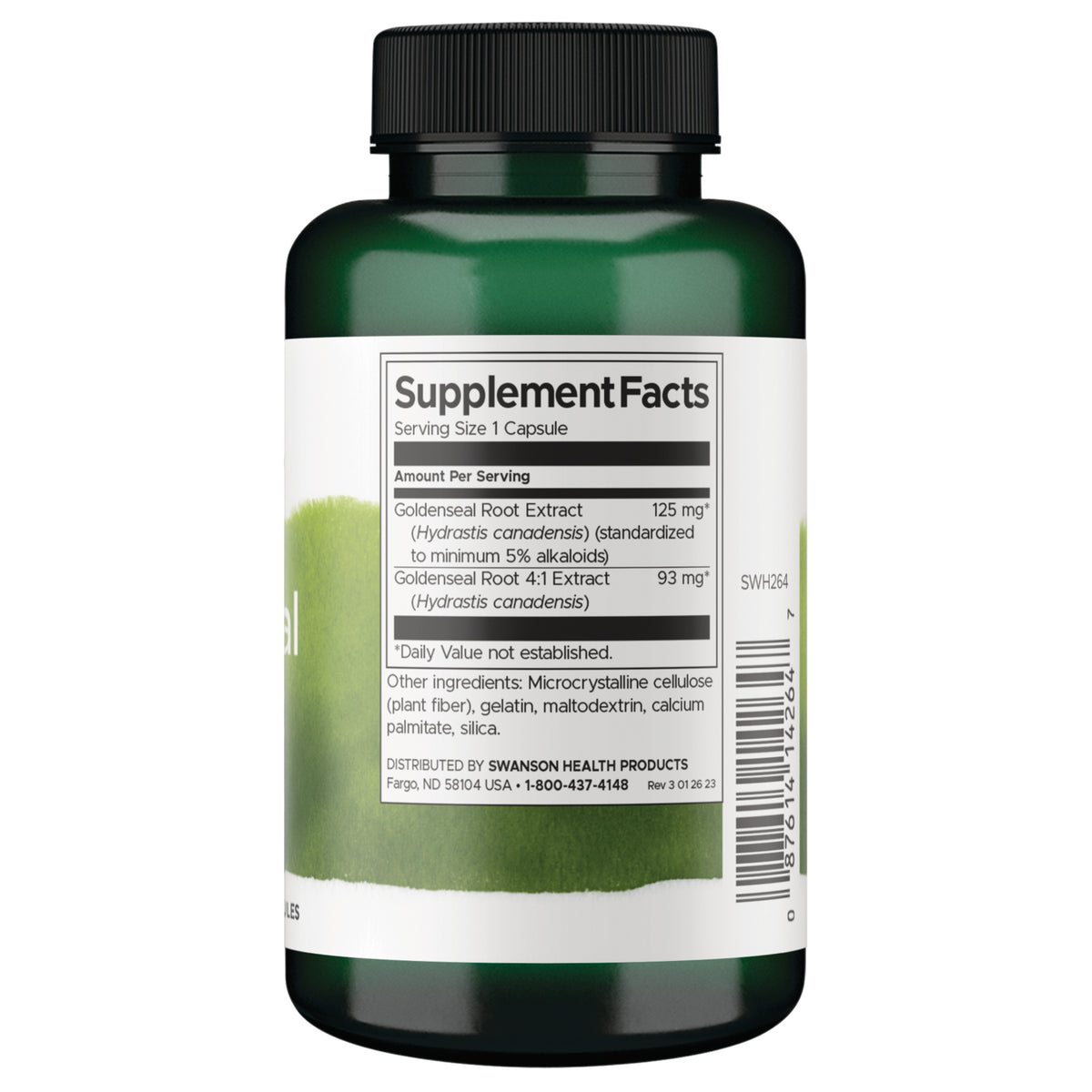 SWH264 | Back label with Supplement Facts and ingredients for Goldenseal Root Extract