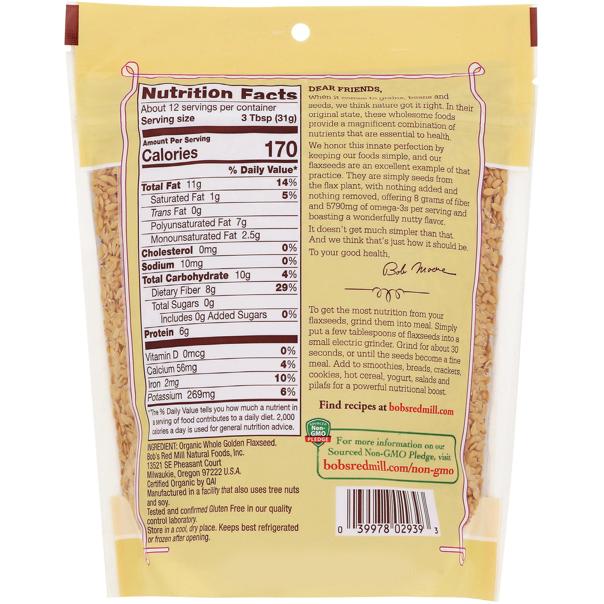 BOB257 | back of yellow bag showing nutrition facts, ingredient text, and barcode for golden flaxseed