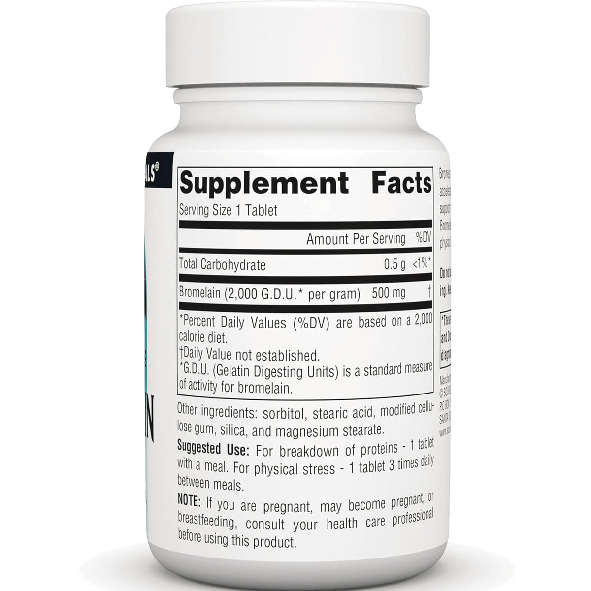 SN231 | Supplement Facts back label showing serving size 1 tablet, bromelain 500 mg, and other ingredients