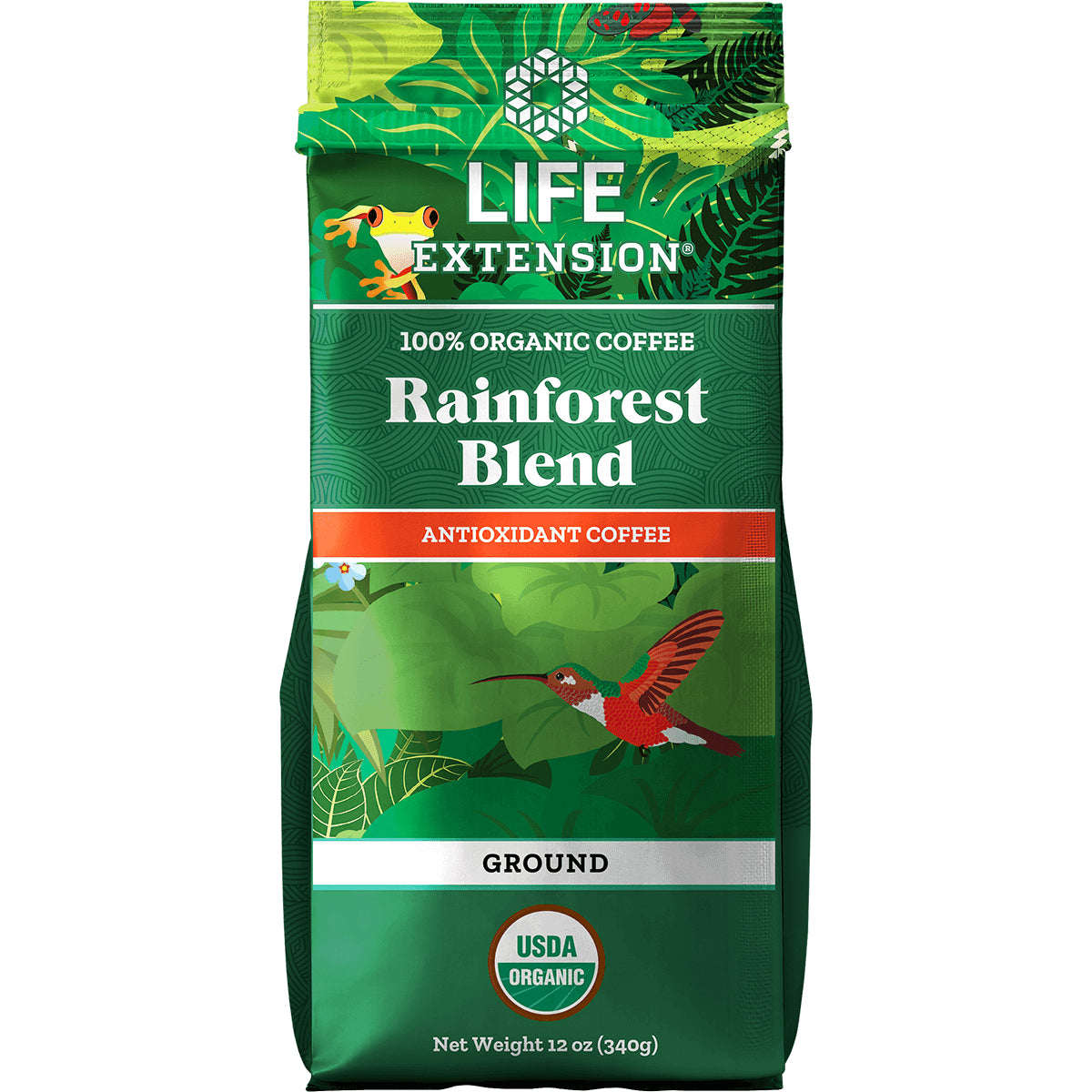 LE443 | Life Extension Rainforest Blend 100% organic ground coffee bag with hummingbird artwork and USDA Organic badge
