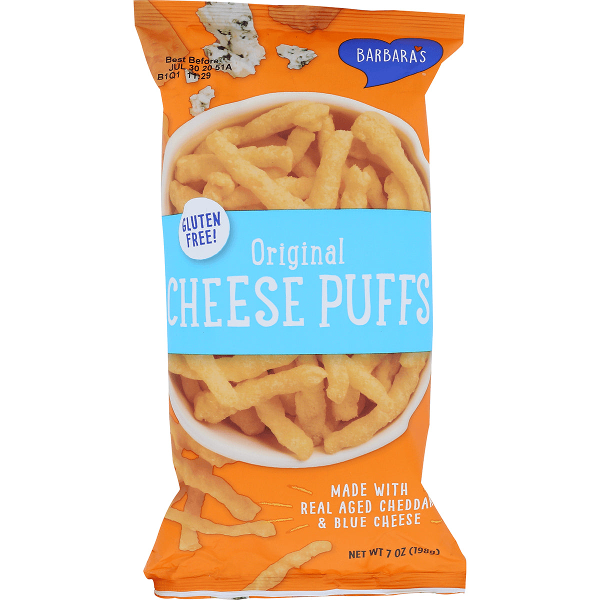 Barbara's Original Cheese Puffs bag, orange packaging with bowl of cheese puffs and blue band reading CHEESE PUFFS