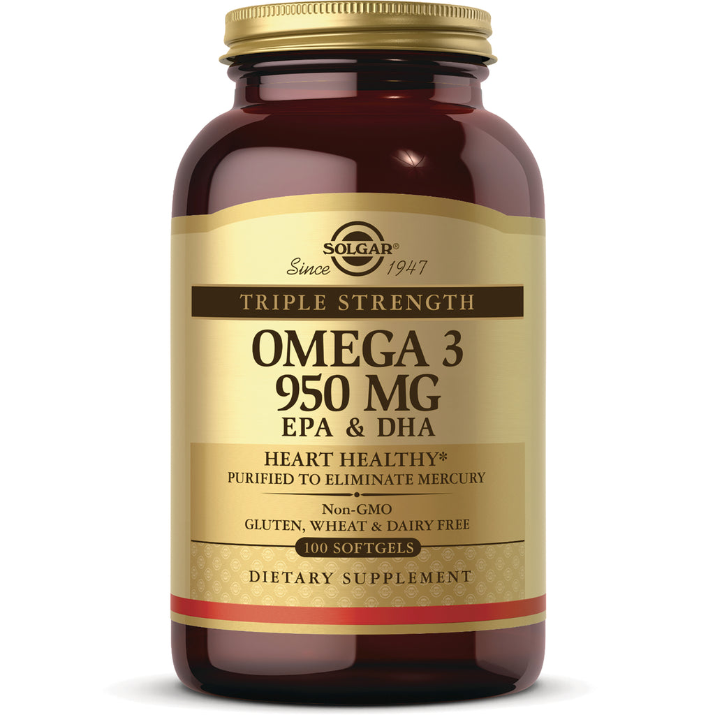 Solgar Triple Strength Omega 3 950 mg EPA & DHA 100 softgels dietary supplement bottle - Thumbnail