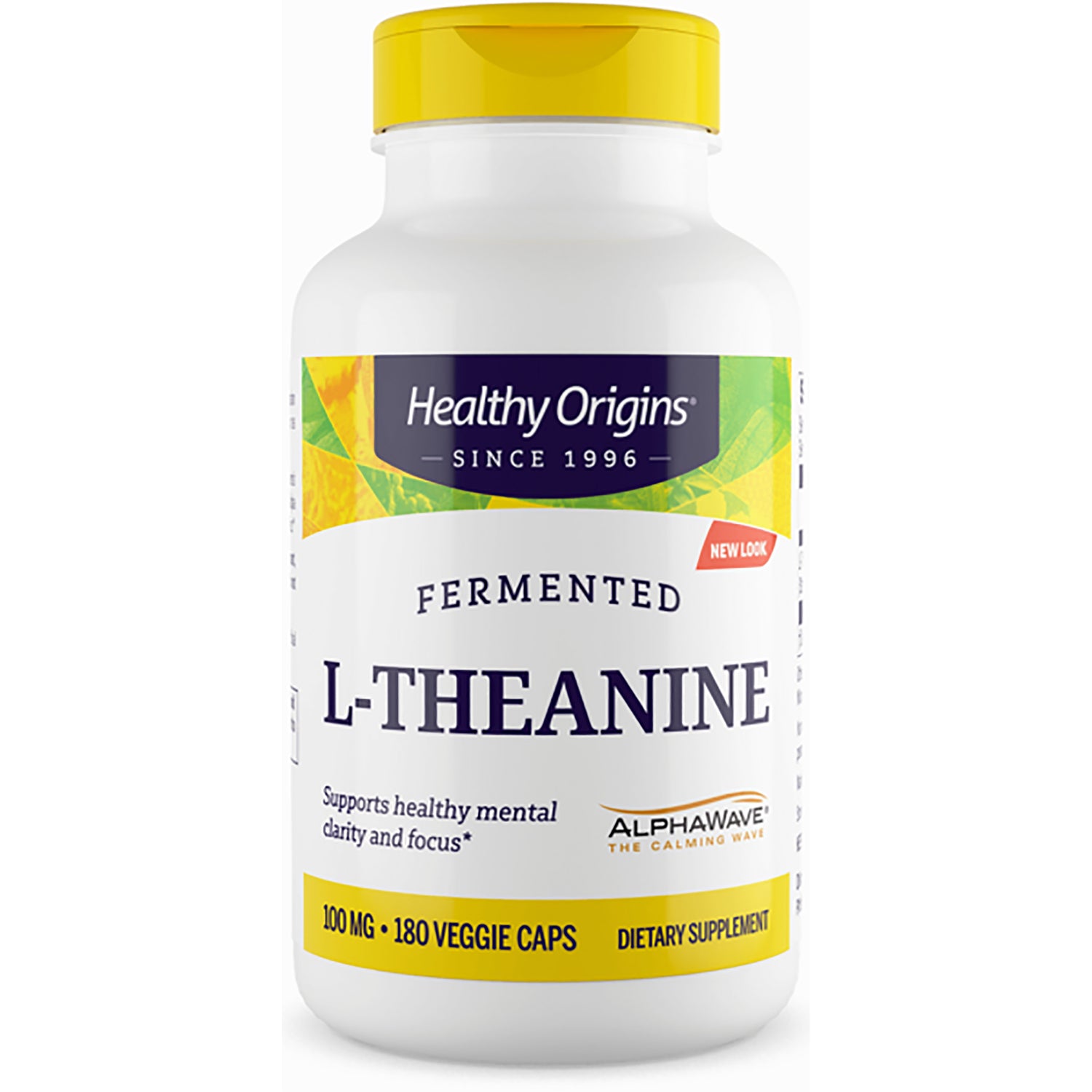 HRG179 | Healthy Origins fermented L-THEANINE supplement bottle with yellow cap, 100 mg, 180 veggie caps