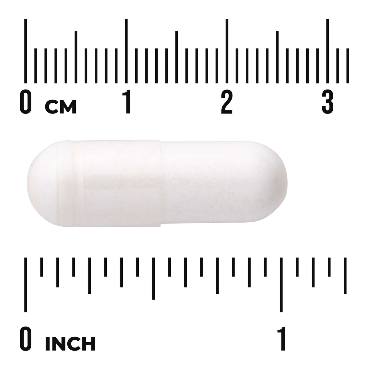SWH190 | White two-piece capsule on metric and inch rulers showing "0 CM" and "0 INCH", about 2.6 cm long