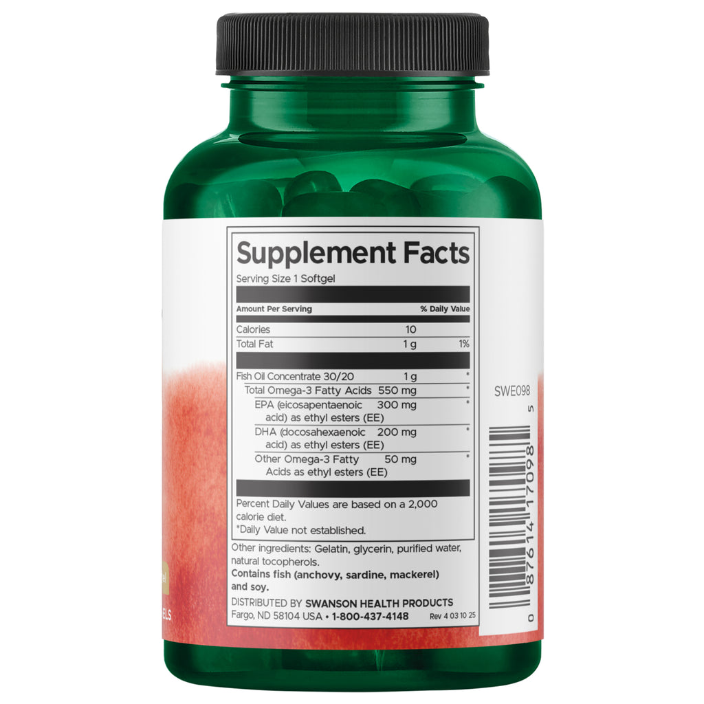 SWE098 | Back label showing Supplement Facts, serving size 1 softgel, and omega-3 fish oil amounts - Thumbnail