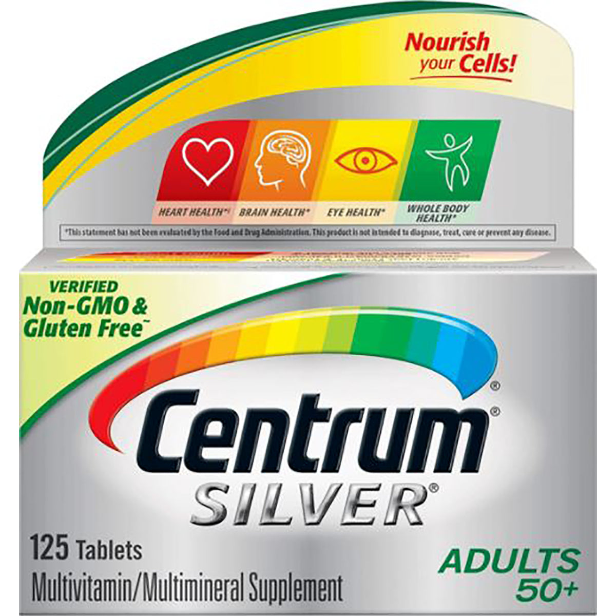 CEN015 | Front of Centrum Silver multivitamin box for adults 50+ showing logo, 125 tablets and Non-GMO & Gluten Free