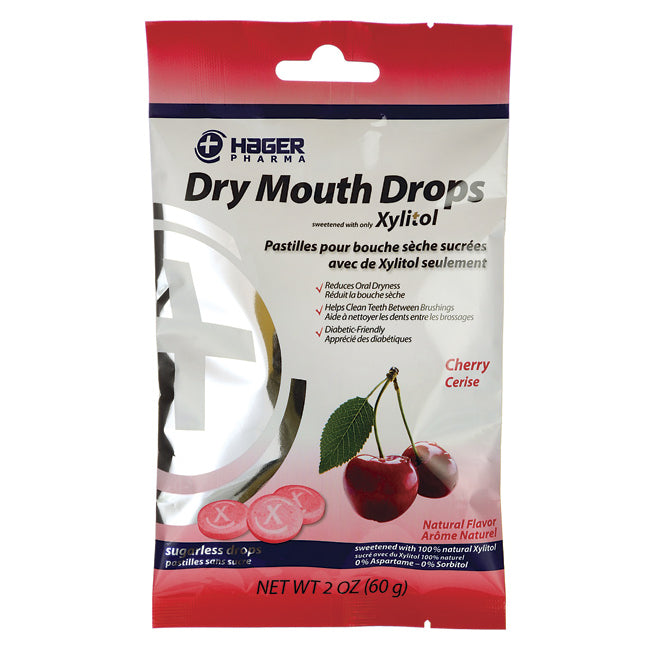 HGP008 | Hager Pharma Dry Mouth Drops cherry pouch, sugarless xylitol pastilles, NET WT 2 OZ