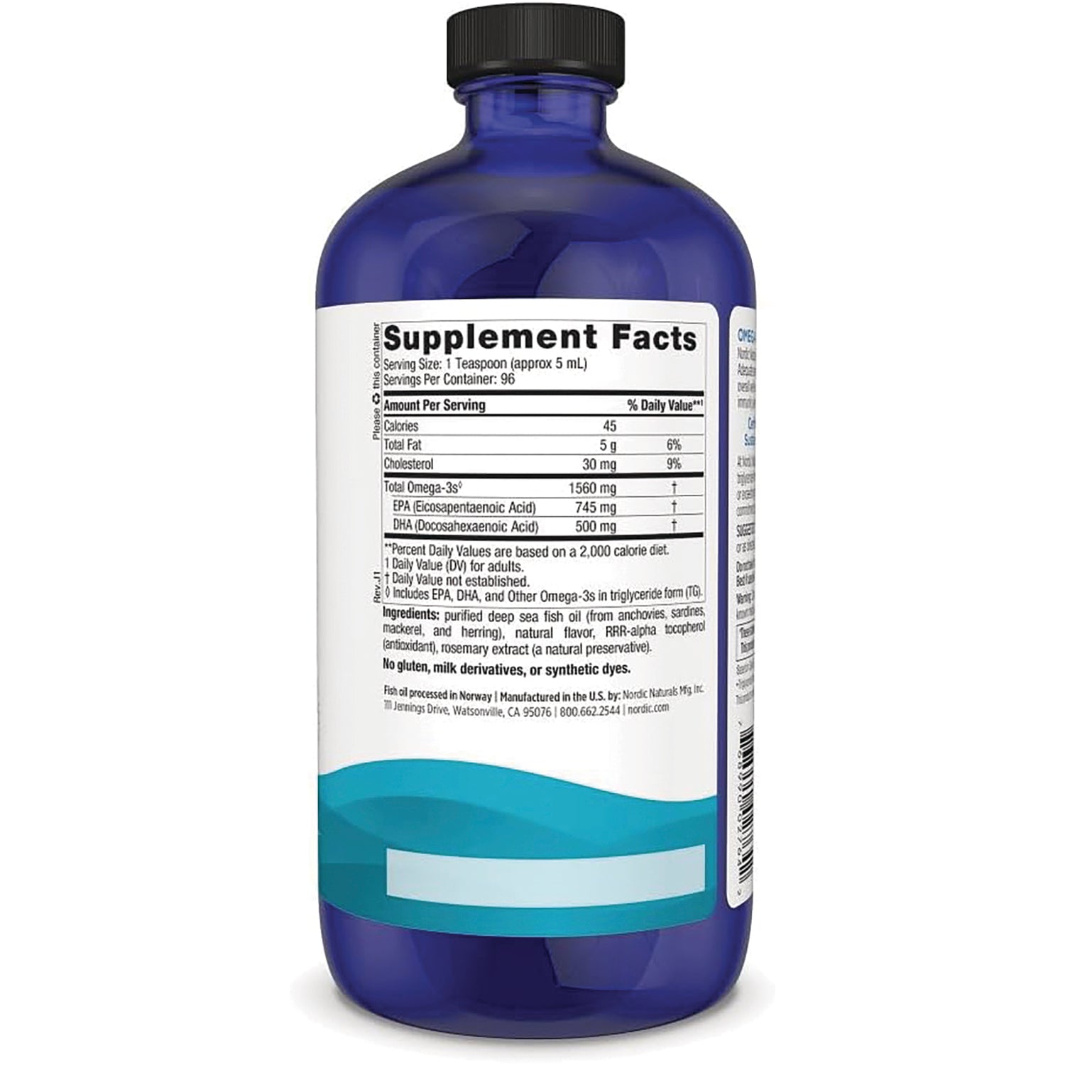 NRN028 | Blue glass bottle back showing Supplement Facts nutrition panel and ingredients label